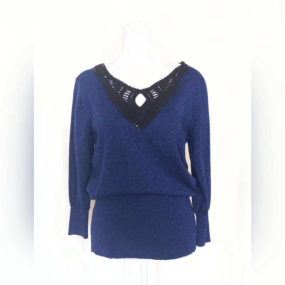 August Silk Glitter Crocket Sequin Neck 3/4 Sleeve Knit Top Blue Size Large